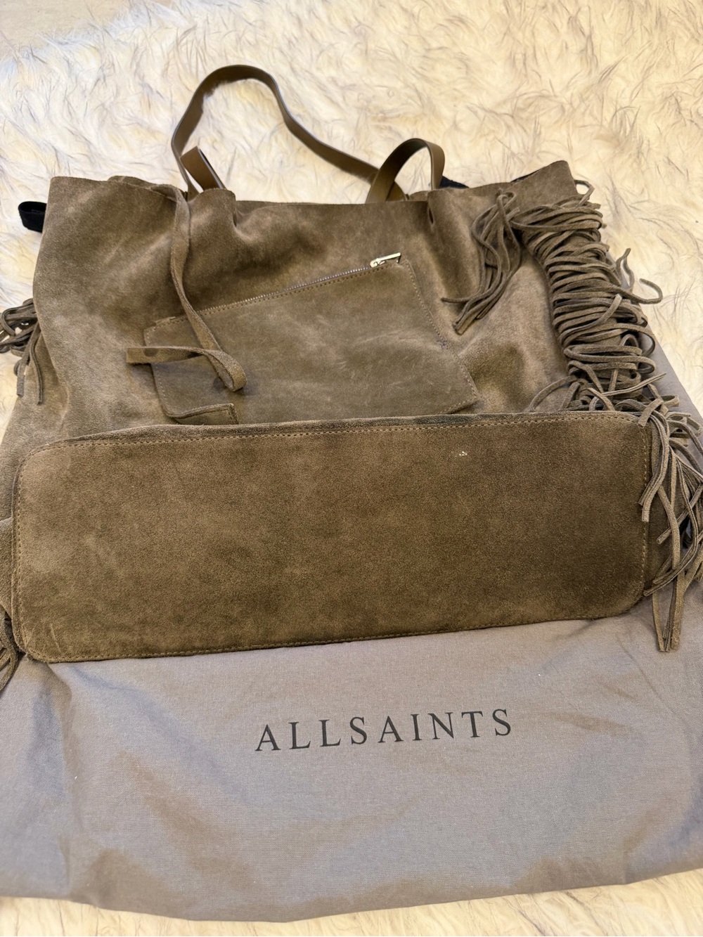 AllSaints Olive Suede Fringe Tote